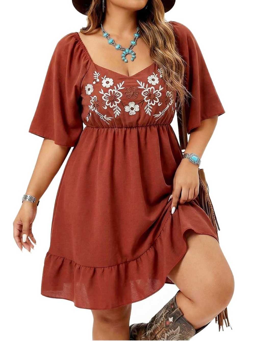 Burnt Orange Western Flowy Boho Embroidered Dress Country Concert Cowgirl Large